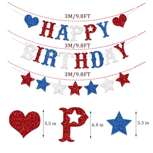 Image of Red White Blue Happy Birthday Banner Decoration Glitter American Themed Stars Decorations for 4th of July Memorial Day Party