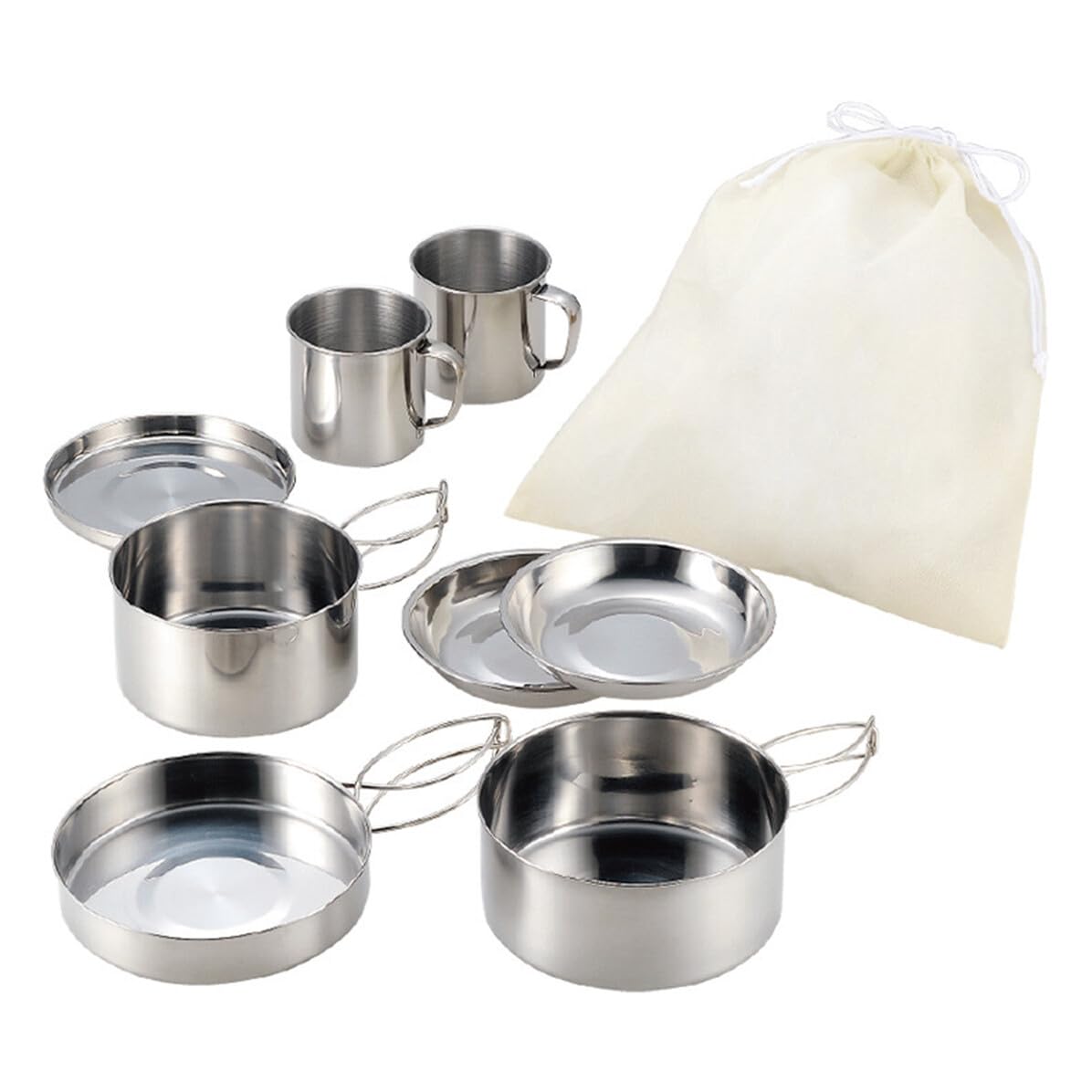 Zerodeko Ensemble Cuisine de Camping en Acier Inoxydable Poignées Pliables, Multi-Fonction, Comprenant Casserole, Poêle, Assiettes et Tasses pour Randonnée et Pêche