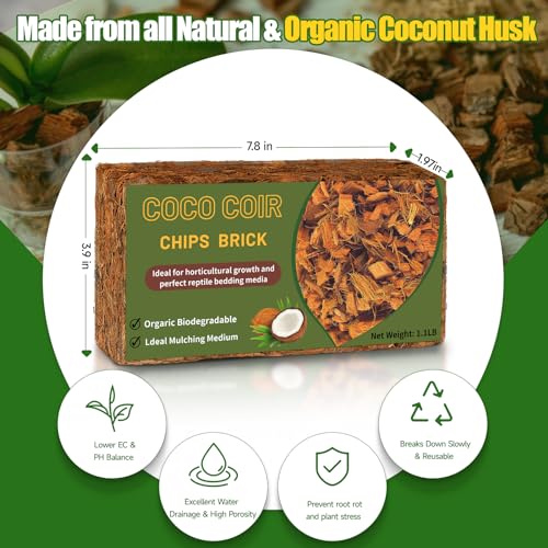 Doter Coco Chips Substrate 2.2 LBS, Organic Coconut Husk Brick with Low EC and pH Balanced, Easy to Expand Coco Coir Mulch Medium for Garden Flowers & Reptile Bedding (2 Pcs)