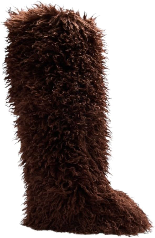 Wild Diva Women Furry boots knee high flat fluffy faux fur boots