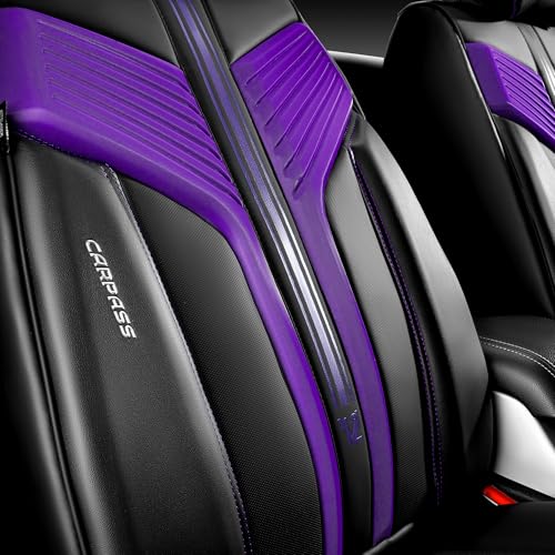 Image of CAR PASS Nappa Leather Seat Covers, Breathable Waterproof Car Seat Covers Full Set, Luxury Leather Front and Back Seats Full Coverage, Universal Fit SUV Pick-up Truck Sedan Automotive(Black Purple)