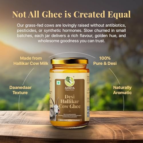 Image of Asmita Organic Farms Hallikar Cow A2 Ghee 1 Litre (Glass Jar) | Hand-Churned Traditonal Bilona Method | Grass-Fed & Pasture-Raised in Karnataka | Rich Aroma | Healthy & Natural Danedar Desi Ghee