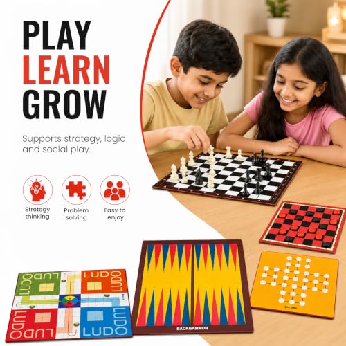 Image of Slovic 10-in-1 Board Games Set for Kids & Family | Indoor Strategy & Educational Toys for Children | Includes Chess, Ludo, Snakes & Ladders, Checkers, Business Money Game & More | Ages 5+