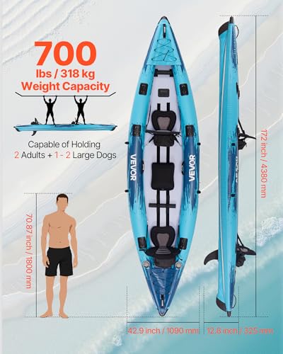 Image of VEVOR 2-Person Inflatable Kayak, 14'4 inch x 3'7 inch - Extra Spacious for Family & Dogs, 700-lb Capacity Sit-in Kayak with Accessories, Includes 2 Paddles, Pump & Carry Bag - Perfect for Fishing and Touring