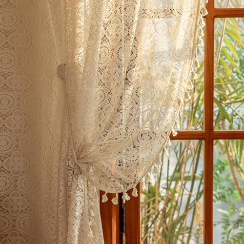 Kotile Crochet Curtain with Tassels 1 Panel Boho Lace Curtain 63 Inch Length for Bedroom, Rod Pocket...