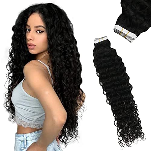 Tape in Hair Extensions Wave Black Hair Extensions Tape in Human Hair Natural Wave Natural Black Tape in Hair Extensions Skin Weft 18inch 20pcs 50g
