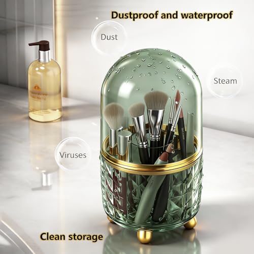 Image of GOTOBA 360 Rotating Pencil Holder for Desk, Makeup Brush Holder with 6 Slots, Desk Organizer for Writing Utensil, Office and School Supplies (Green with cover)