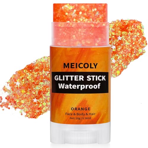 MEICOLY Orange Face Glitter Stick Hair Glitter Stick for Women Sparkle Orange Accessories Body Glitter Makeup Waterproof Face Glitter for Party Rave Festival