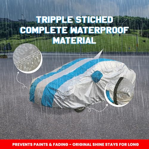 Image of Autofact Waterproof Car Body Cover Compatible with Honda City Ivtech (2009 to 2013) with Mirror and Antenna Pockets (Blue Stripes with Shinning Silver Fabric /Waterproof Cover)