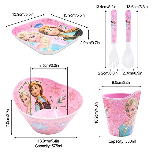 Finex Frozen Queen Elsa Princes Anna 5 Pcs Set Children Cartoon Durable Tableware Meal Dishes Mealtime Food Feeding Eating Set includes Dinner Serving Bowl Plate Cup with a Matching Spoon & Fork Kids