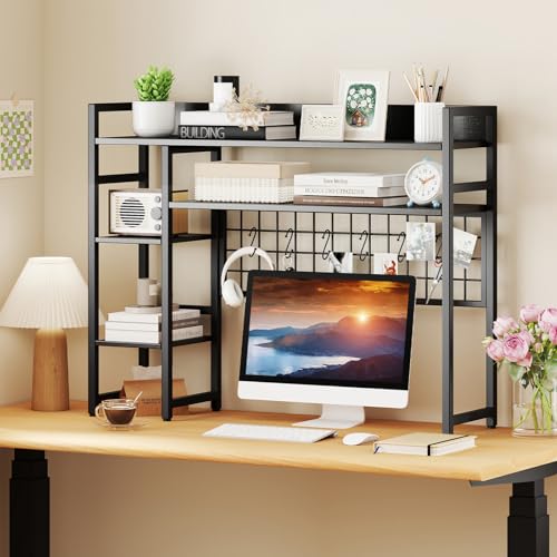 Image of Tangkula Desktop Bookshelf for Computer 32 inch Monitor, 37 inch Countertop Storage Hutch with 4 Open Storage Shelves, Grid Panel, Anti-tip Device, 4-Tier Desktop Display Shelves for Home Office