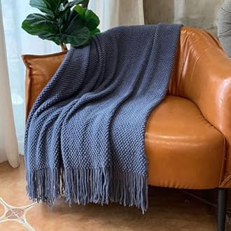 LOMAO Knitted Throw Blanket with Tassels Bubble Textured Lightweight Soft Throws for Couch Cover Home Decor (Navy, 50x60)