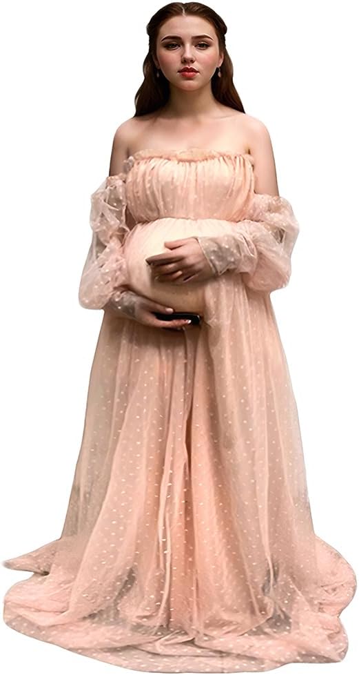 Maternity Dress for Photo Shoot-Lace Maternity Evening Gown for Baby Shower, Photography Long Puff Sleeve