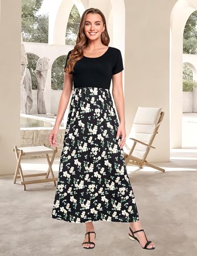 Image of Lacavocor Womens Short Sleeve Maxi Dresses Empire Waist Long Dress