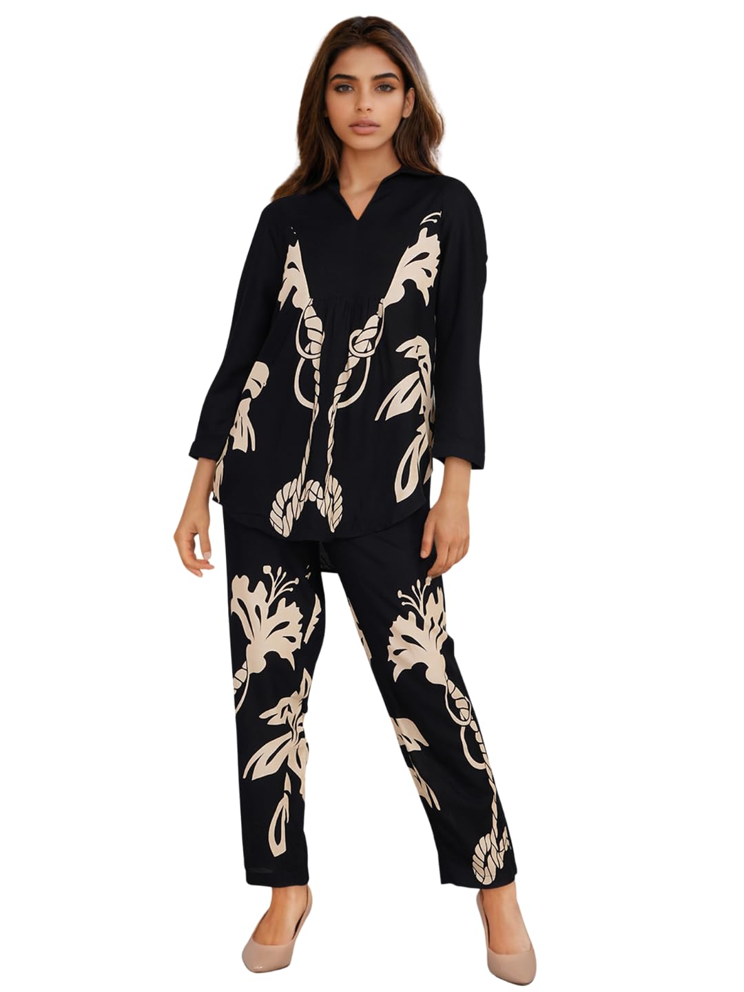 Women's Black & Beige Floral Printed Fit & Flare Co-ord Set with Pockets | V-Neck Long Sleeve Tunic with Printed Trousers | Relaxed Co-ord for Daily, Casual, Office & Vacation Wear-image-45