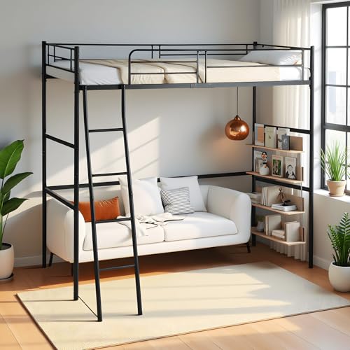 Dorafair Cama Alta 90x200 Cm De Metal Para Jóvenes Y Adultos Con Escalera, Cama Individual Con Base De Lamas, Barandillas De Seguridad Y Espacio Libre Debajo, Negro