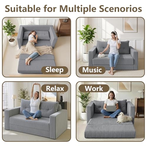 Image of HABUTWAY 49.8 inch Loveseat Boneless Couch, 4-in-1 Convertible Sofa Bed, Plush Fur Folding Futon Sofa Bed Couches with a Pillow for Living Room, High-Density Foam Support, No Assembly Required, Light Grey