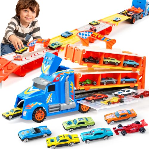 JOYIN 1.52M Transport Truck Toys Car for 3 4 5 6 Year Old Boys Gifts Foldable Car Toy Race Track Truck with Lights & Sounds 12 Die-Cast Racing Cars for Kids Carrier Truck Boys Toys Age 3 4 5 Blue