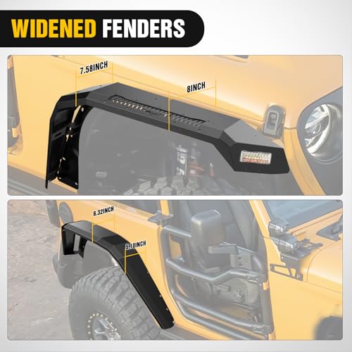 Image of Nilight JL JLU Wide Flat Front & Rear Fender Flares for 2018-2025 Jeep Wrangler JL&JL Unlimited 2 /4Doors (No fit 2020+ Gladiator JT) 4Pcs Off-Road Wheel Fenders w /LED Lights Turn Signal Lights DRL