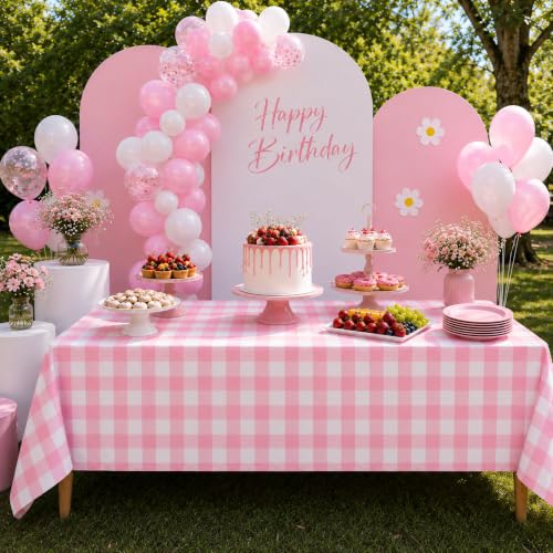 Image of Blue Orchards Pink Gingham Table Cover (Pack of 3 with 20 Glue dots) - 54 inchx108 inch XL - Pink and White Checkered Plaid Picnic Tablecloth, Baby & Bridal Shower Decoration, Outdoor Birthday Party Supplies