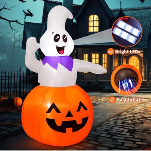 Image of GOOSH 5 FT Halloween Inflatable Cute Pumpkin Ghost Outdoor Decorations Blow Up Yard Ghost in Pumpkin with Built-in LEDs for Indoor Party Garden Lawn Decor