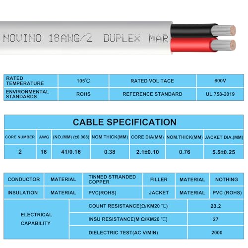 Image of 18 Gauge Marine Wire,18 AWG 30ft Duplex Marine Grade Wire Tinned Copper Heavy Duty Sheathed Cable for Boat /Automotive /RV /Camper /Trailer Outdoor Use