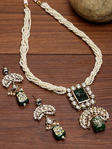 Image of Karatcart Red & Green Beaded Long Kundan Rani Haar Necklace Set for Women