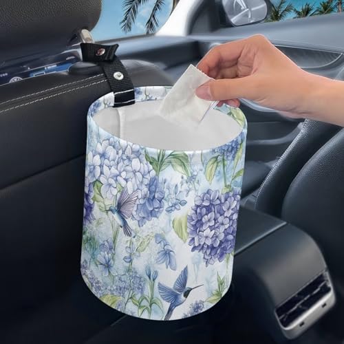 Image of Bird Hydrangea Trash Bag for Cars Vehicle Trash Can Waste Basket Collapsible Reusable Leak Proof Car Organizer Road Trip Must Haves for Kids