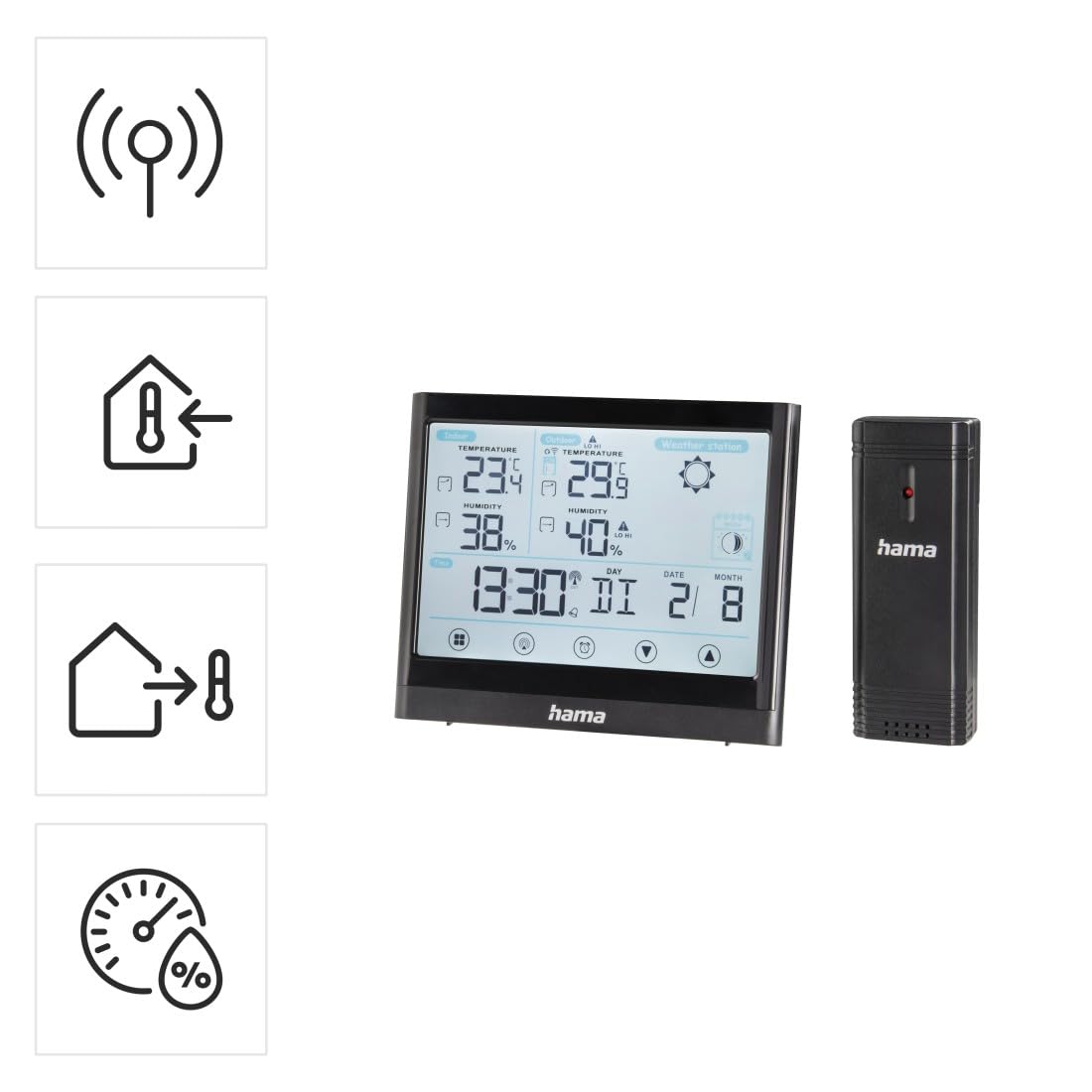 Hama Wetterstation Funk mit Außensensor, Thermometer, Hygrometer, Wecker
