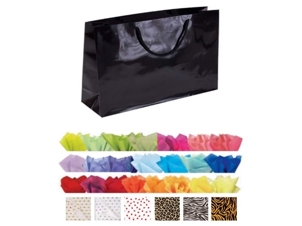 10 Black Glossy Landscape Boutique Shop Gift Bags - Strong Shiny Gloss Bag With Tissue (Cream)