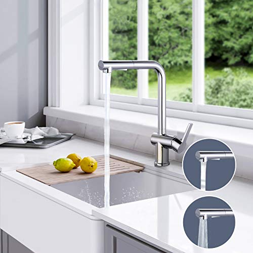 Grifo de Cocina Dalmo, Grifo de Cocina Monomando con Ducha Extraíble y Giratorio en 360° con 2 Modos de Rociado y Válvula de Cerámica de Acero Inoxidable, Grifo Fregadero de Alta Calidad de Palanca