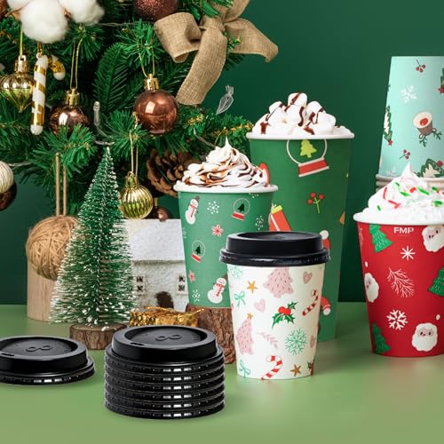 Fit Meal Prep 50 Pack 16 oz Christmas Disposable Coffee Cups with Lids, Premium To Go Paper Cups, Leak Proof Hot Coffee Cups with Lids for Travel, Office, Hot/Cold Beverages (Black Lids)
