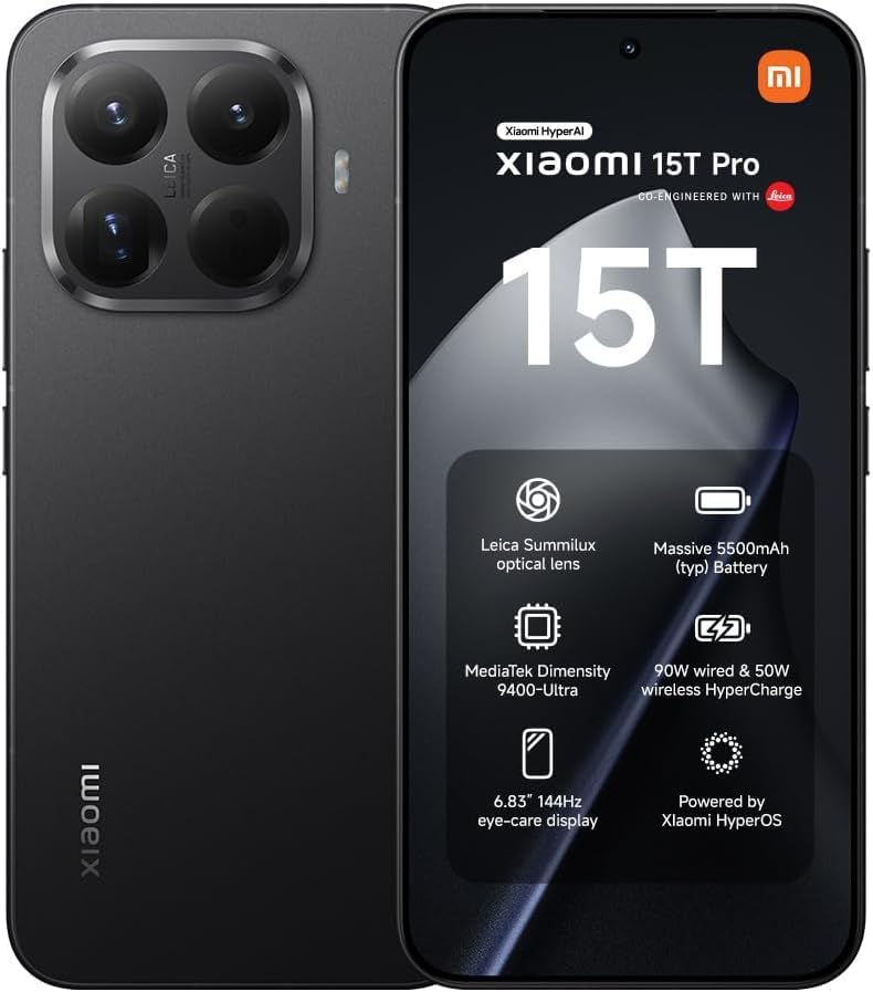 Xiaomi 15T Pro Black 12+512GB, 6.83" 144Hz Eye-care Display, MediaTek Dimensity 9400+, 50MP Leica 5x Pro Telephoto, 5500mAh