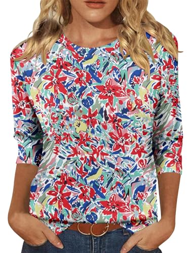 KISSMODA Tunic Tops for Women Loose Fit Dressy Round Neck Pleated 3/4 Length Sleeve Spring Tops