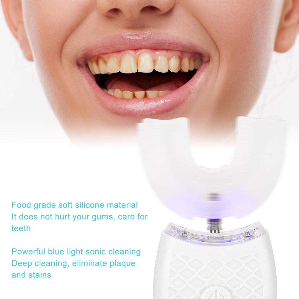 Spazzolino denti sonico elettrico adulto a forma di U spazzolino denti per la pulizia automatica, carica spazzolino denti sbiancante Blu-ray elettrico(bianco)