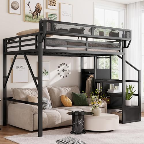 Mirightone Full Size Loft Bed with Stairs and Storage, Metal Loft Bed Frame with Bedside Shelf and Large Under-Bed Space, Heavy-Duty Loft Beds for Adults Teens and Kids, Convertible Staircase, Black
