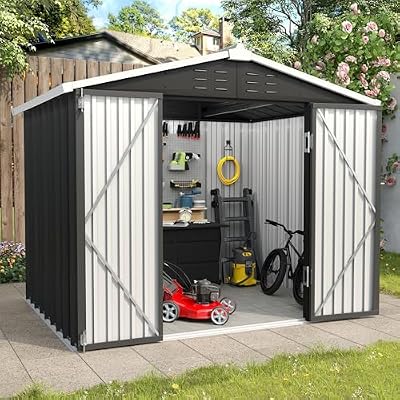 UDPATIO Metal Outdoor Storage Shed 8FT x 6FT, Outside Lockable Garden Shed Steel Anti-Corrosion Outdoor Storage House with Lockable Door for Trash Can, Bike, Backyard Garden Patio, Dark Grey