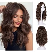 ANNISOUL Brown Short Wavy Wigs for Women 18Inch Bob Wave Wig Middle Part Synthetic Lace Front Nat...
