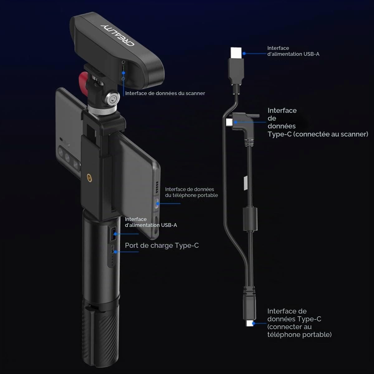 Creality Scanner 3D CR-Scan Ferret 3D pour impression 3D et modélisation, scanner portable avec 30 FPS rapide, précision 0,1 mm, double mode