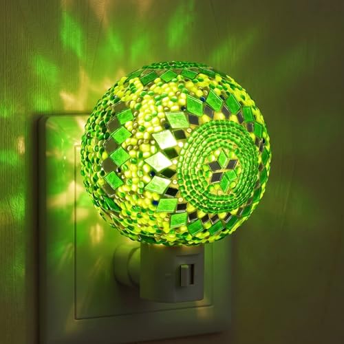 Image of Baquler Turkish Night Light Plug in Wall - Moroccan Stained Glass Globe Lamp Bohemian Bedroom Decor Ambient Warm Light for Living Room Hallway Unique Gift for Women(Green)