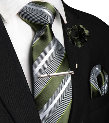 Image of JEMYGINS Mens Striped Tie and Lapel Pin Necktie Pocket Square and Tie Clip Sets for Business Casual 4PCS