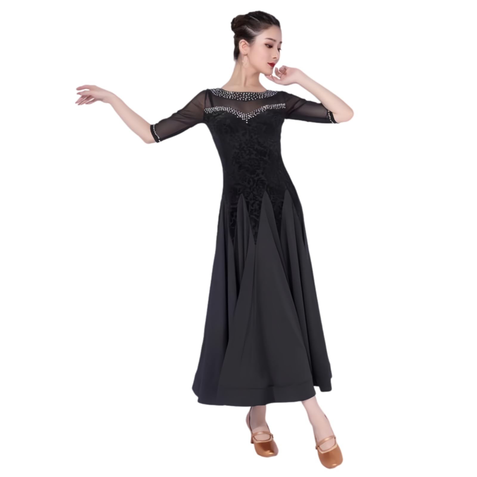 Damen Standard Ballroom Tanzkleid, Elegantes Walzer Turnierkleid Modisches Tanzkleid Mit Halbärmeln Und Strasssteinen Tanzkostüm Mit Weitem Schwingendem Rock Für Aufführung