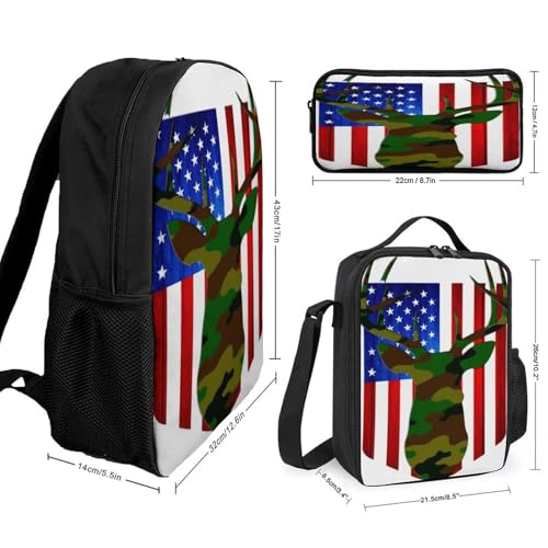 Unisex Fashion 3 Pcs Set, Large Capacity Hunting Deer Camo Camouflage Wooden American Flag Backpack, Pencil Pouch Easy to Clean, Lunch Bag for Work2