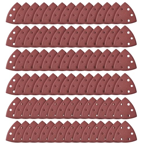 Hook and loop sander pads, 80 Pieces 90mm Triangle Sander Pads 6 Holes Triangle-Sandpaper Disk Assorted 40/60/80/120/ 180/240/320/400 Grits Hook & Loop Multitool Sandpaper for Sanding and Polishing
