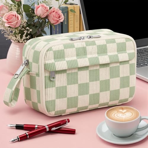 Image of WOBAGMEN Cute Pencil Case,Large Corduroy Zippered Pencil Case Pouch, Aesthetic Pencil Bag with Compartments, Pencil Pouch School Supplies (Green checked)