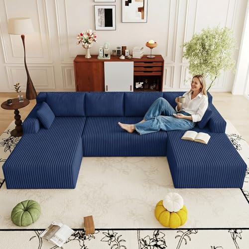 Image of 124 inch Boneless Cloud Sectional Couch Modular Sofa with Ottoman | Modern U-Shaped Couches, Comfy Corduroy Memory Foam Sofas with Oversized Chaise for Living Room (Blue, Left-Facing Chaise)