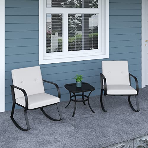Flamaker Patio Chairs 3 Piece Outdoor Rocking Chairs Upgraded Metal Bistro Set With Thickened Cushions & Coffee Table Modern Patio Furniture For Porch, Balcony And Lawn (Beige) #TOP1