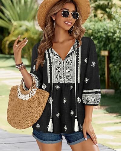 Image of Vivilli Womens Summer Boho Babydoll Tops 3 /4 Sleeve Pleated Peplum Blouses Casual V Neck Tie Front 2026 Tunic Tops