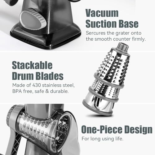 Image of KEOUKE Rotary Cheese Grater Hand Crank Transparent - Shredder Slicer Grinder 3 Stainless Steel Blades, Stable Suction, Labor-Saving Handle, Safe Kitchen Tool for Cheese, Vegetable, Nuts, Chocolate