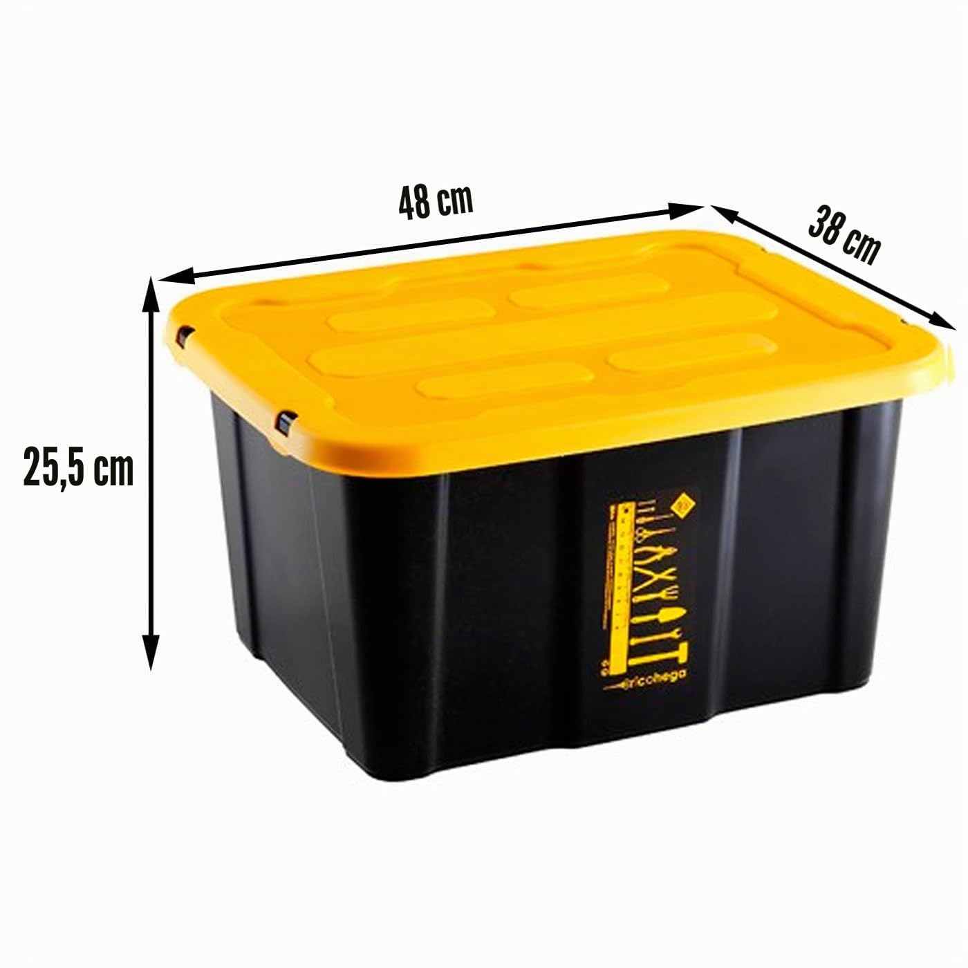 Acan Tradineur - Pack de 6 Cajas de almacenaje apilable con tapa, plástico, cajón multiusos, ordenación, herramientas, hogar, fabricada en España (30 litros - Amarillo/Negro - 48 x 35 x 25,5 cm)
